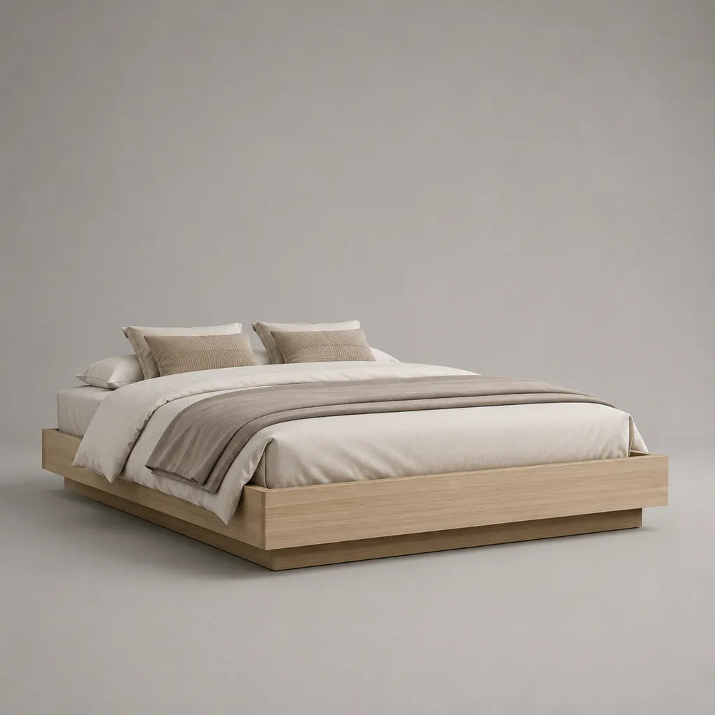 Letto matrimoniale senza testa da letto MDF placcato rovere leggero, letto 160 × 200 cm, dimensioni 216 × 176 × 35 cm