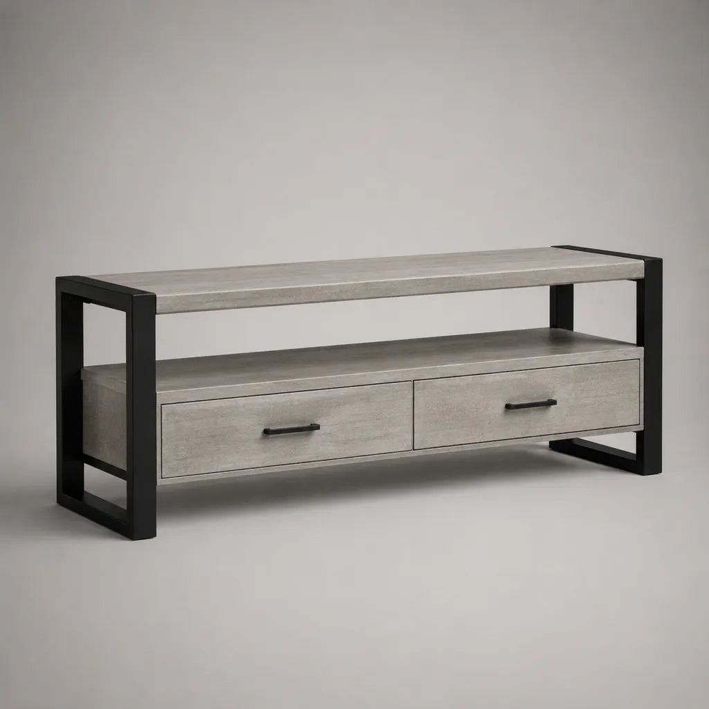 Armadio TV rettangolare in pannelli melaminici e acciaio, 2 cassetti e ripiano aperto, cemento grigio e nero, 140 × 40 × 55 cm