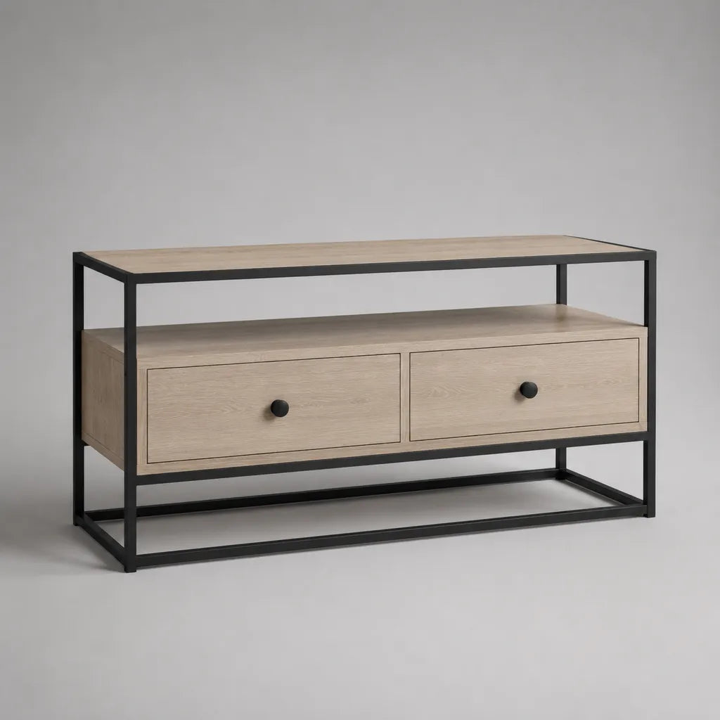 Armadio rettangolare in legno e metallo con 2 cassetti, rovere chiaro e nero, 120 × 40 × 70 cm
