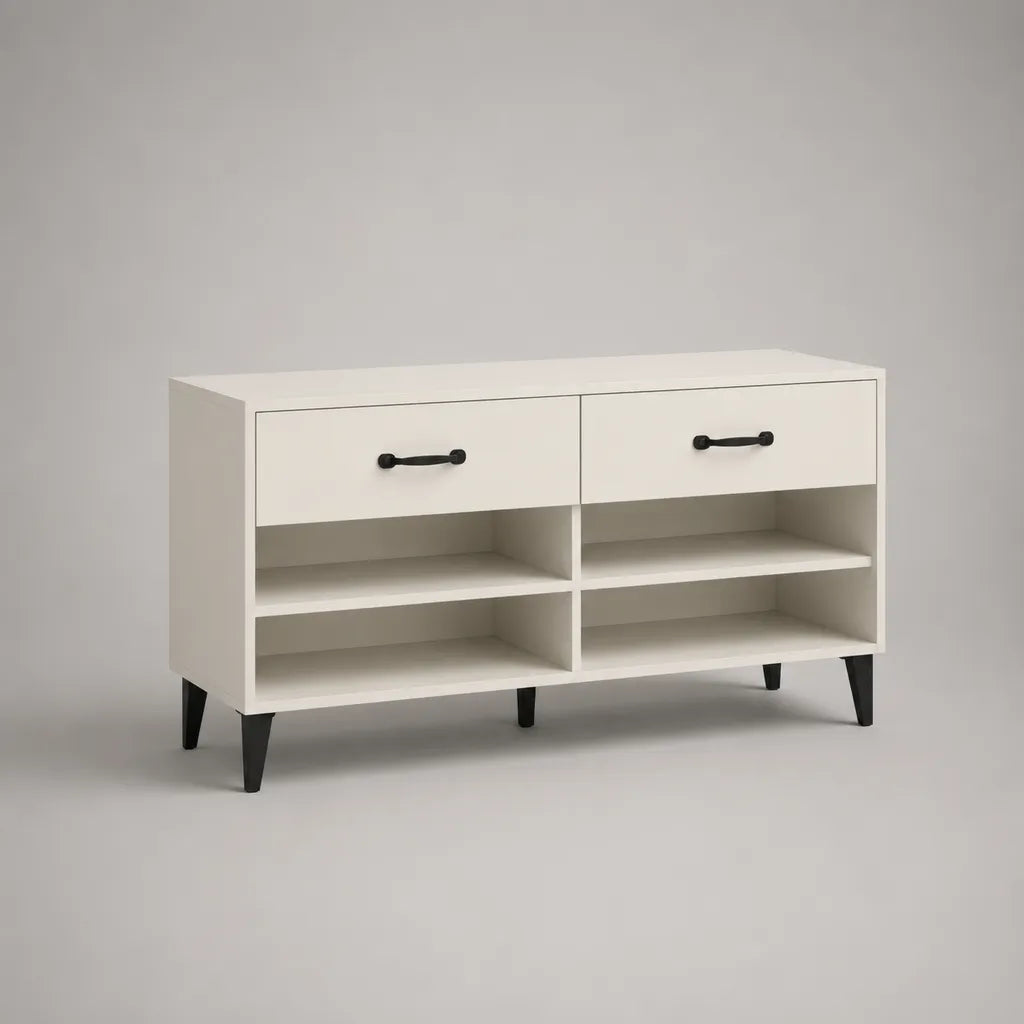 Armadio per scarpe rettangolare in legno e metallo, 2 cassetti e 4 scomparti, bianco e nero, 120 × 35 × 80 cm