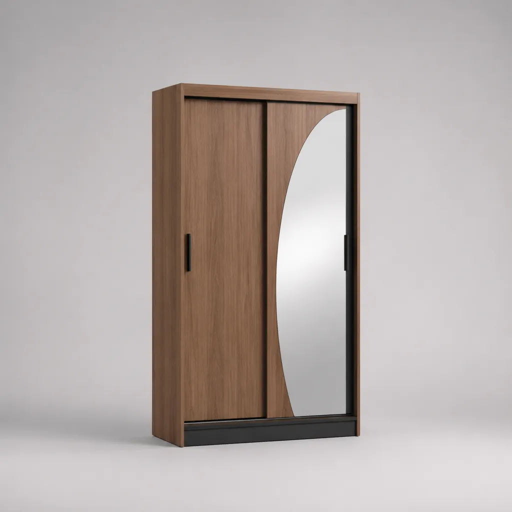 2 porte scorrevoli armadio con specchio, pannello di particelle in melamina, noce e nero, 100 × 52 × 200 cm