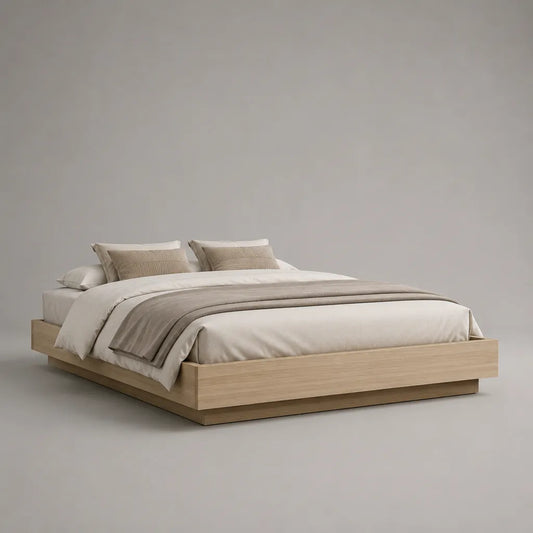 Letto matrimoniale senza testa da letto MDF placcato rovere leggero, letto 160 × 200 cm, dimensioni 216 × 176 × 35 cm