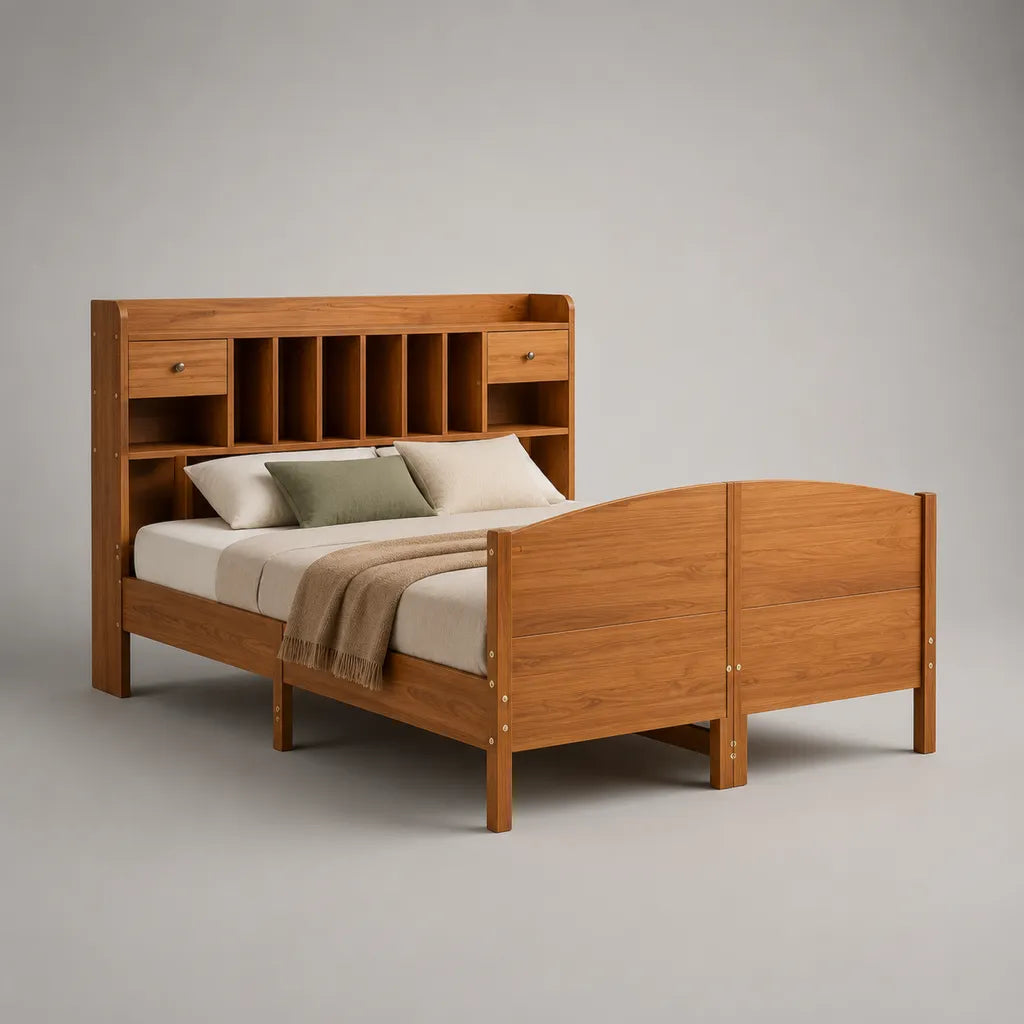 Letto matrimoniale 160 × 200 cm in legno marrone miele con testa di stoccaggio, 218 × 169 × 150 cm