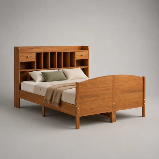 Letto matrimoniale 160 × 200 cm in legno marrone miele con testa di stoccaggio, 218 × 169 × 150 cm