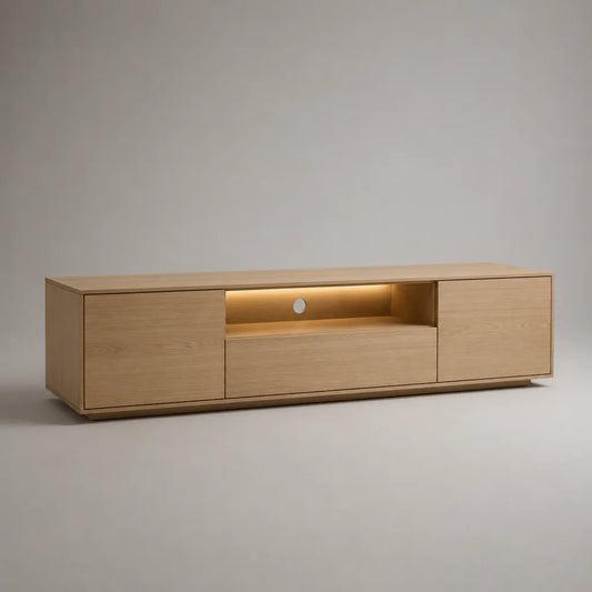 Basso armadio TV in MDF impiallacciato rovere con illuminazione a LED, 2 ante, 1 cassetto e cavo di nicchia, rovere naturale, 180 × 40 × 55 cm
