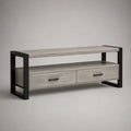 Armadio TV rettangolare in pannelli melaminici e acciaio, 2 cassetti e ripiano aperto, cemento grigio e nero, 140 × 40 × 55 cm