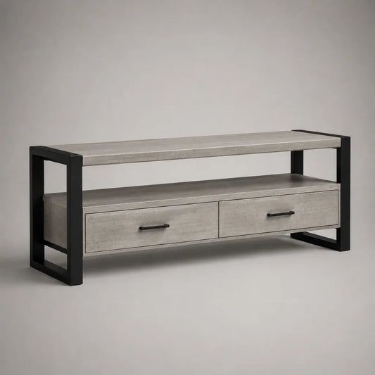 Armadio TV rettangolare in pannelli melaminici e acciaio, 2 cassetti e ripiano aperto, cemento grigio e nero, 140 × 40 × 55 cm