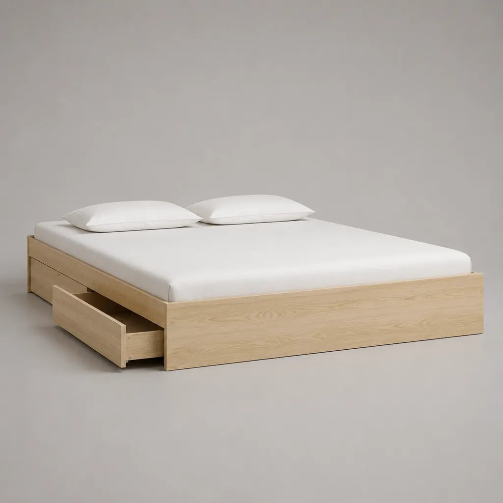 Letto matrimoniale con ripostiglio 160 × 200 cm in pannelli in melamina, rovere naturale, con 2 cassetti