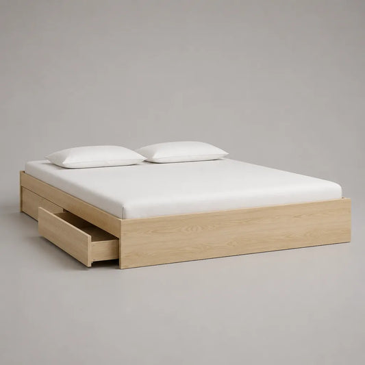 Letto matrimoniale con ripostiglio 160 × 200 cm in pannelli in melamina, rovere naturale, con 2 cassetti