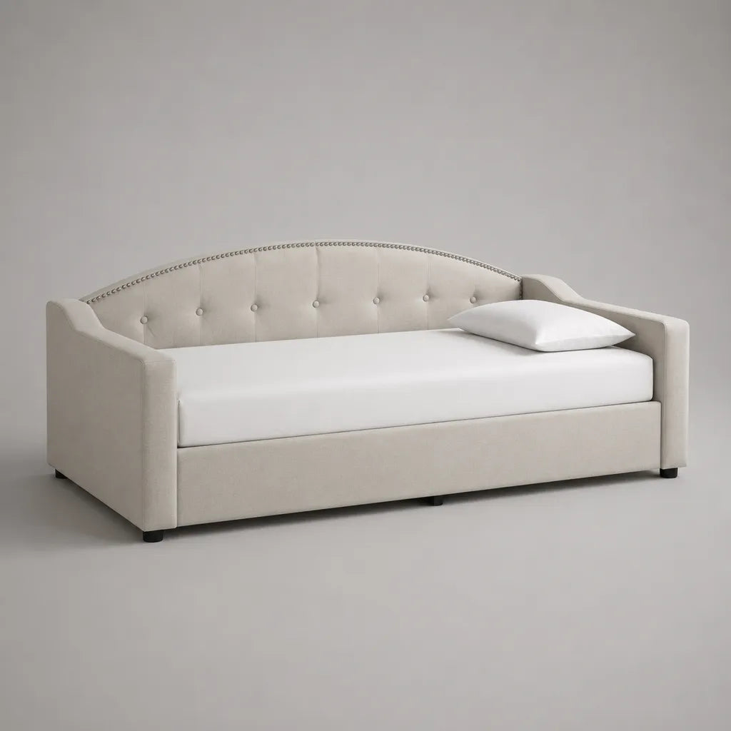 Gigogne panca letto 2 letti 90 × 200 cm e 90 × 190 cm in velluto poliestere beige con schienale imbottito curvo