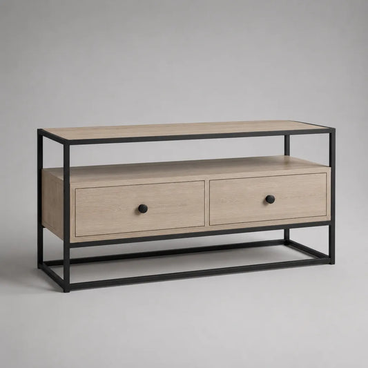 Armadio rettangolare in legno e metallo con 2 cassetti, rovere chiaro e nero, 120 × 40 × 70 cm