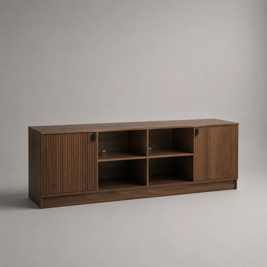 Armadio TV in piastrelle MDF con 2 porte scanalate e 4 nicchie, noce marrone e nero, 180 × 40 × 65 cm
