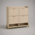 Armadio per scarpe rettangolare in MDF e acciaio con 4 porte taglienti e 2 nicchie, beige e oro, 100 × 35 × 110 cm
