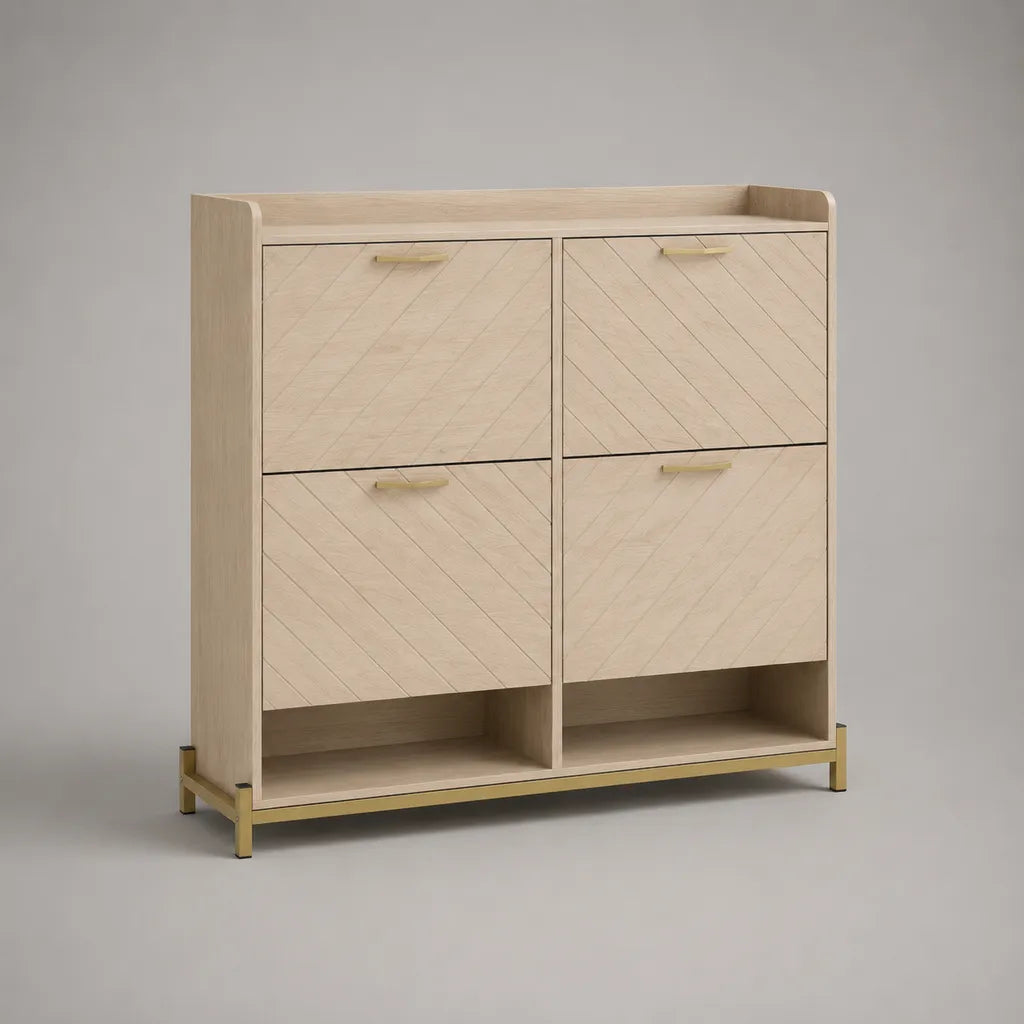 Armadio per scarpe rettangolare in MDF e acciaio con 4 porte taglienti e 2 nicchie, beige e oro, 100 × 35 × 110 cm