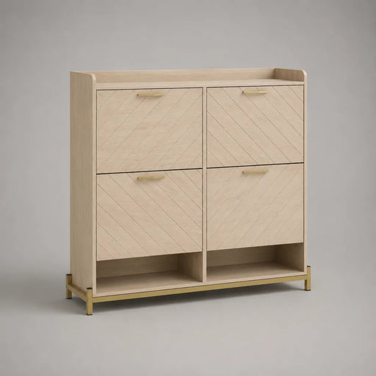 Armadio per scarpe rettangolare in MDF e acciaio con 4 porte taglienti e 2 nicchie, beige e oro, 100 × 35 × 110 cm