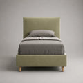 Letto singolo imbottito in velluto verde oliva con testata, letto 90 × 200 cm, dimensioni 215 × 100 × 120 cm