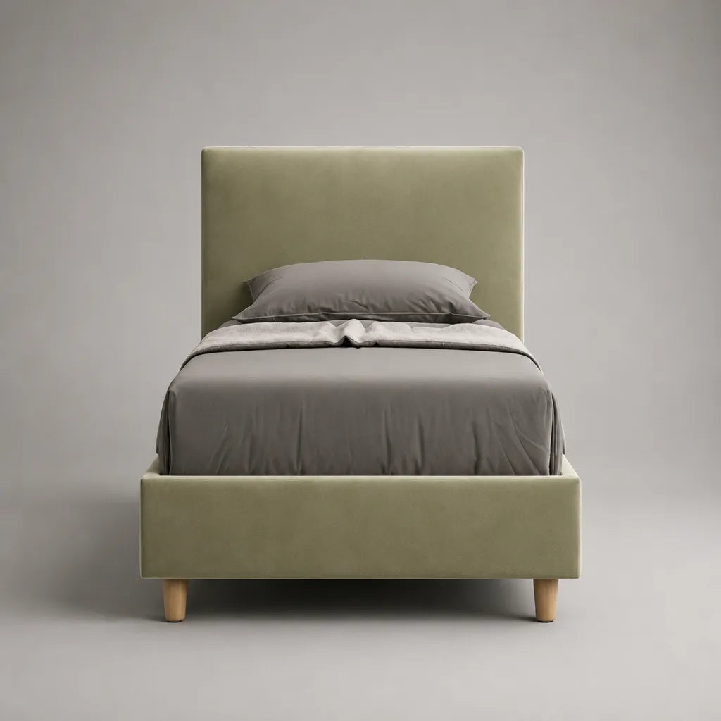 Letto singolo imbottito in velluto verde oliva con testata, letto 90 × 200 cm, dimensioni 215 × 100 × 120 cm