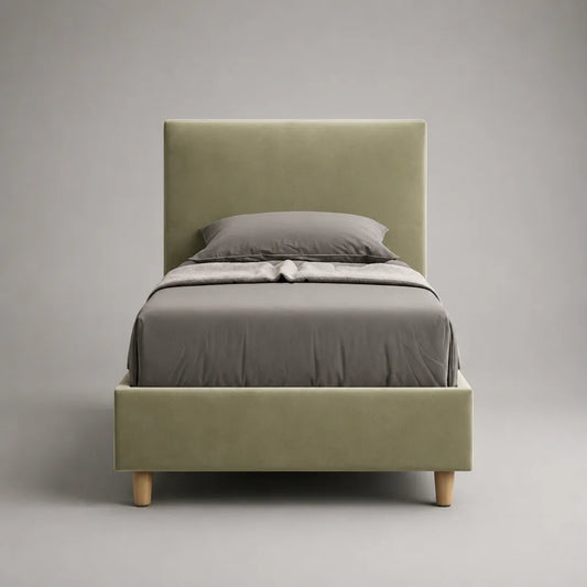 Letto singolo imbottito in velluto verde oliva con testata, letto 90 × 200 cm, dimensioni 215 × 100 × 120 cm