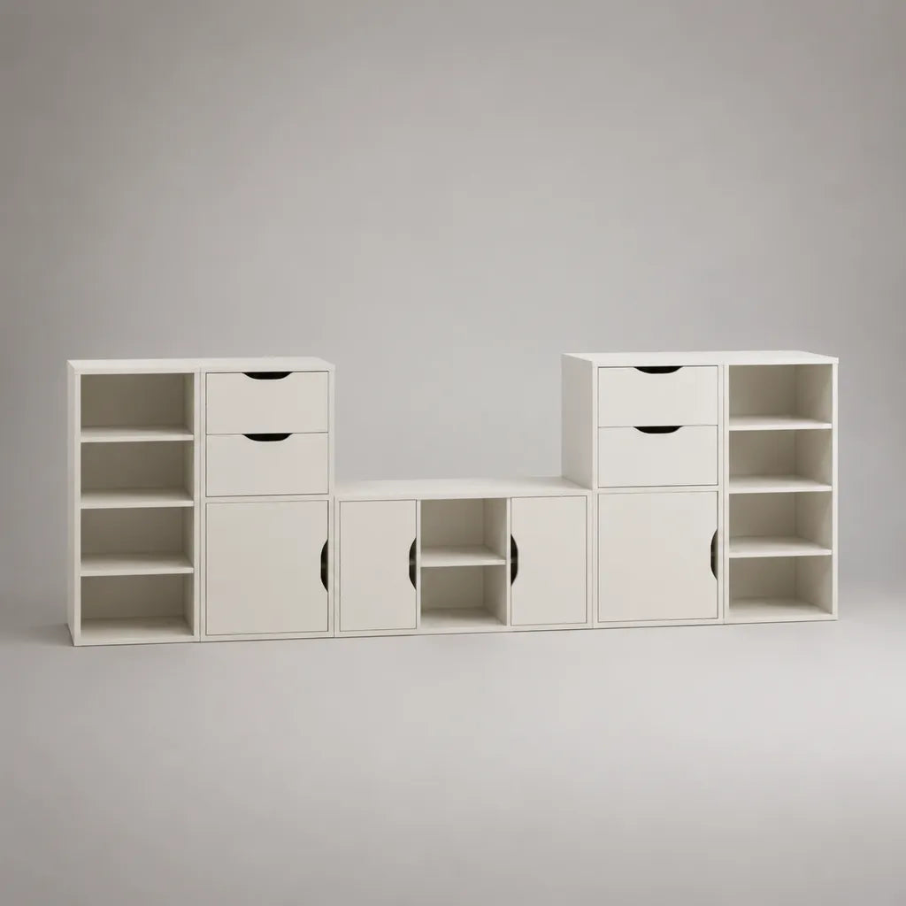 Armadio rettangolare modulare per televisione di 3 elementi in pannello di particelle di melamina bianca, 240 × 35 × 90 cm