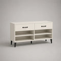 Armadio per scarpe rettangolare in legno e metallo, 2 cassetti e 4 scomparti, bianco e nero, 120 × 35 × 80 cm