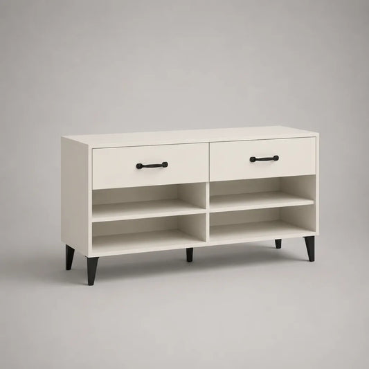 Armadio per scarpe rettangolare in legno e metallo, 2 cassetti e 4 scomparti, bianco e nero, 120 × 35 × 80 cm
