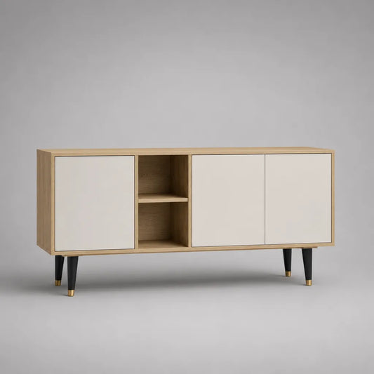 Basso armadio rettangolare TV in pannello di particelle di melamina, rovere chiaro e bianco, 3 porte e 2 nicchie, 160 × 40 × 75 cm