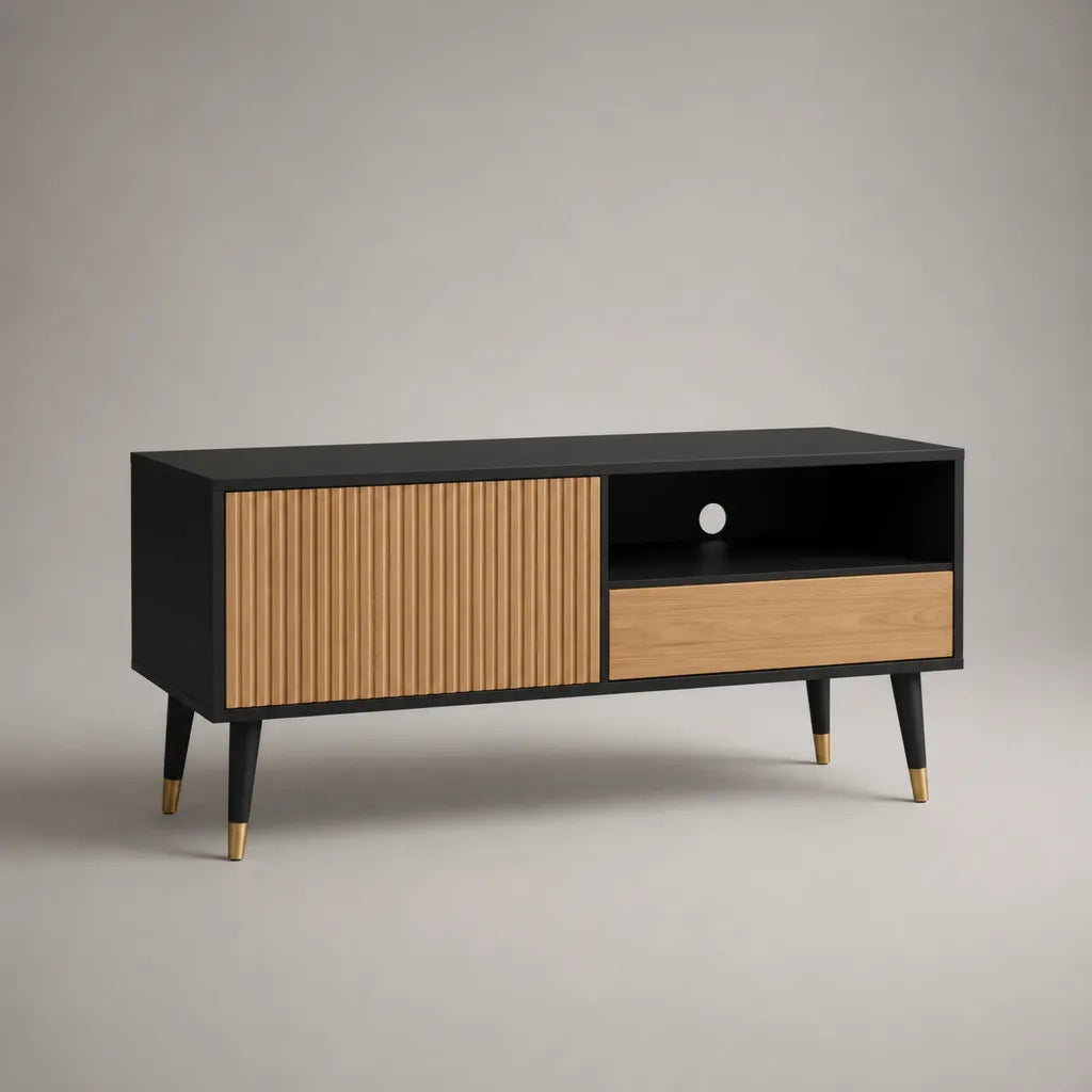 Armadietto per televisore in legno, nero opaco e rovere naturale, 120 × 40 × 60 cm