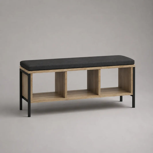 Panca scarpa rettangolare con sedile imbottito grigio scuro, 3 scomparti, 100 × 35 × 50 cm, acciaio e pannello a particelle