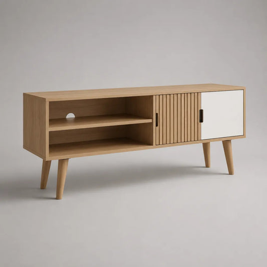 Armadio TV rettangolare in legno con 2 porte e nicchie, rovere naturale, bianco e nero, 140 × 40 × 70 cm