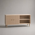 Armadio MDF bassa TV e pannelli in melamina, rovere beige chiaro e ottone, 2 porte e 2 nicchie, 120 × 40 × 65 cm