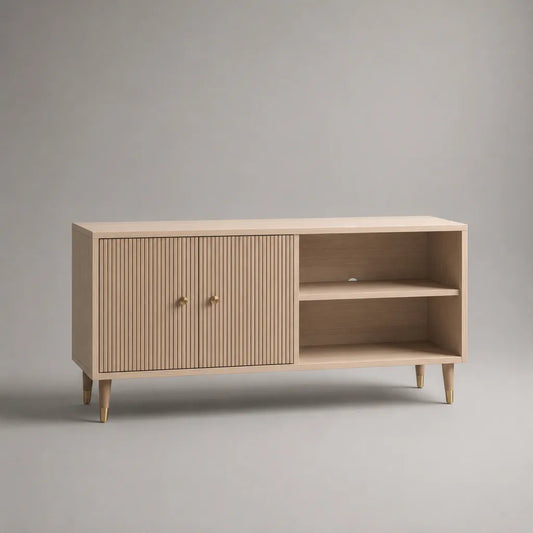 Armadio MDF bassa TV e pannelli in melamina, rovere beige chiaro e ottone, 2 porte e 2 nicchie, 120 × 40 × 65 cm