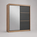 Armadio rettangolare in legno con 2 porte scorrevoli con specchio, rovere naturale e antracite, 180 × 60 × 210 cm