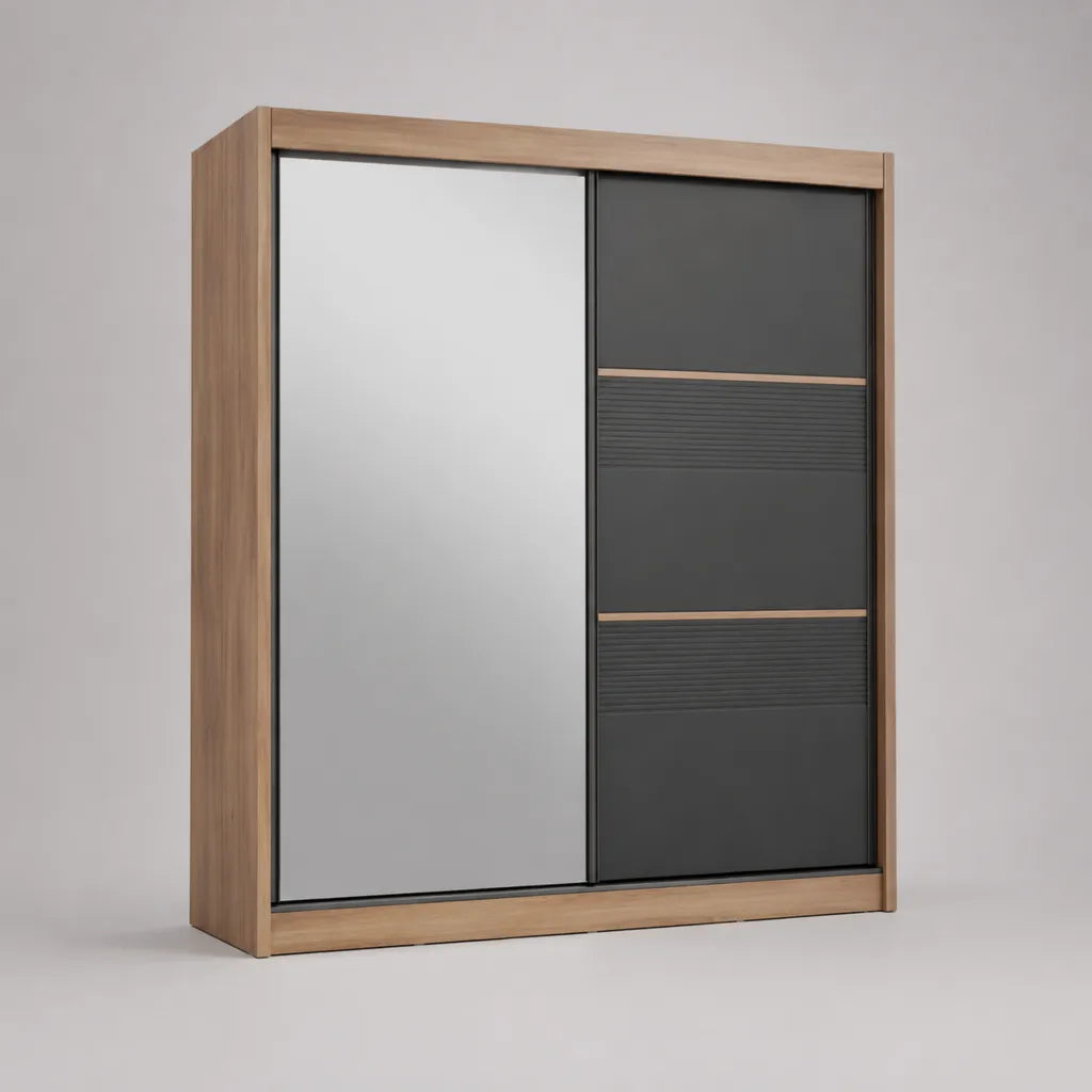 Armadio rettangolare in legno con 2 porte scorrevoli con specchio, rovere naturale e antracite, 180 × 60 × 210 cm