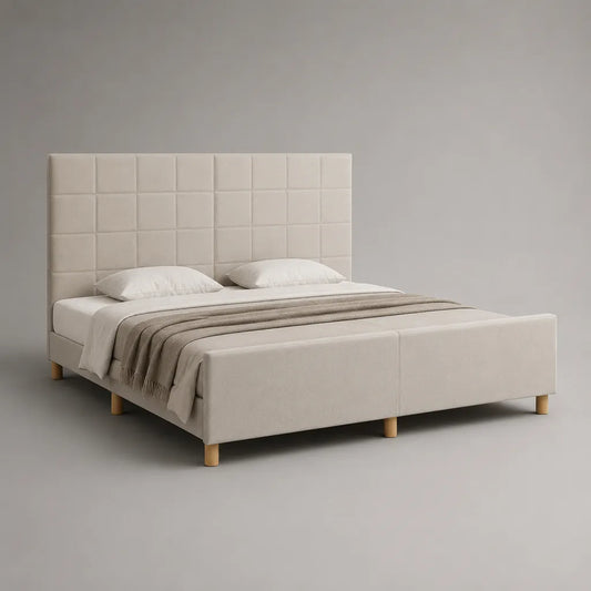 Letto matrimoniale imbottito beige con testata a pannello, letto 180 × 200 cm, dimensioni 190 × 216 × 120 cm